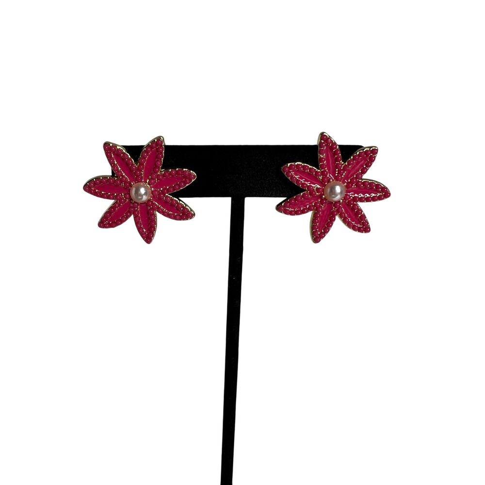SUGARFIX Flower Stud Earrings Pink Gold Tone Faux Pearl Statement